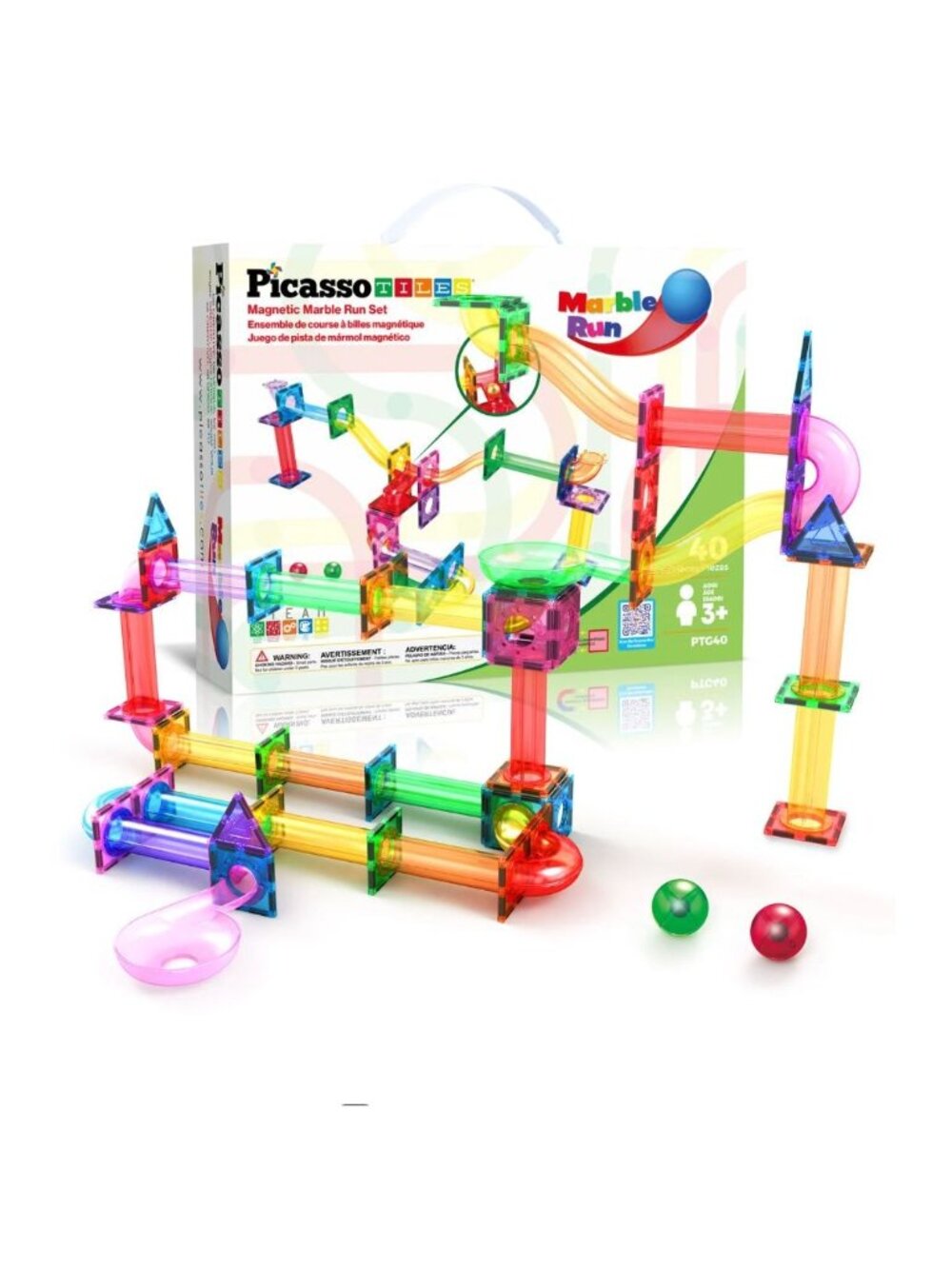 PicassoTiles Magnetic Marble Run Set 40-Piece STEM Toy For Kids Ages 3+ Educatio